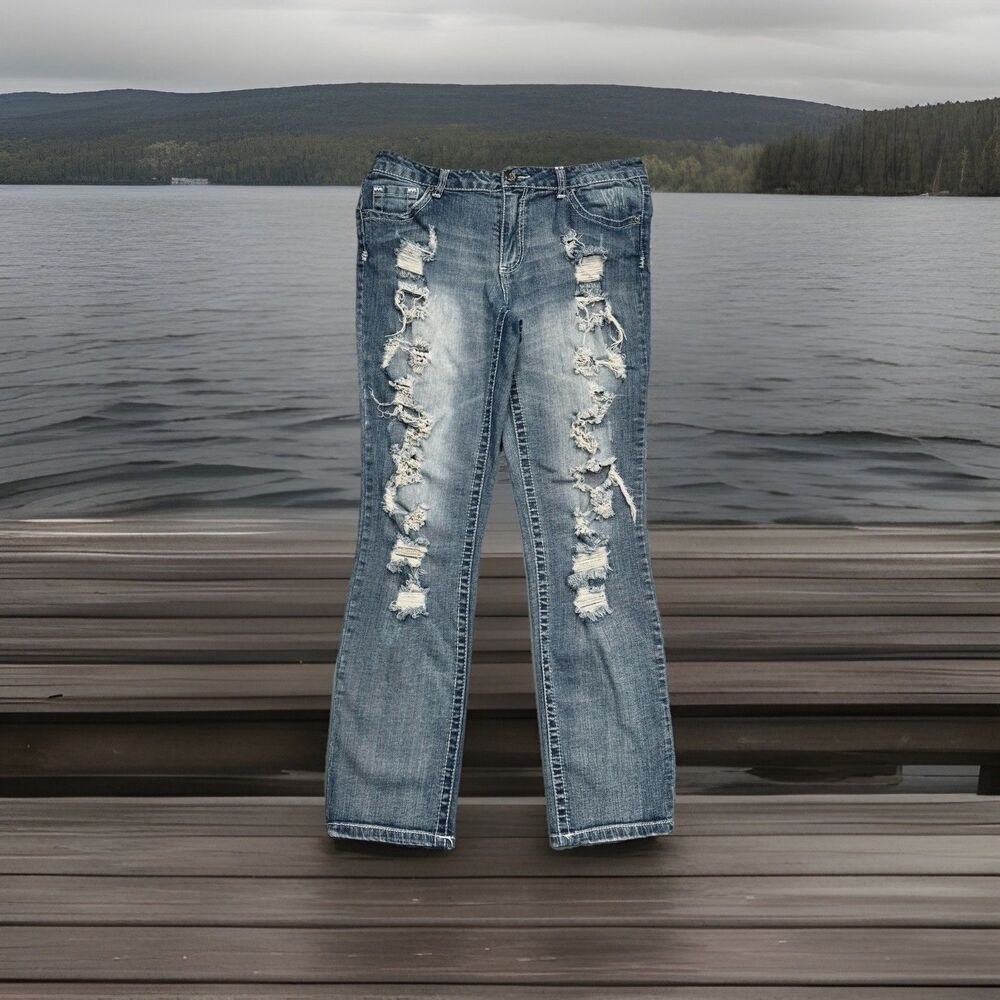 Twentyone Black Rue 21 Slim Leg Jeans 11/12 (32x28.5) Destroyed Blue Juniors